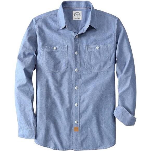 Chambray Shirt Men Long Sleeve Cotton Work Shirts with 2 Pockets - Picture 6 of 6